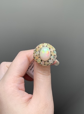 意大利中古天然欧泊豪镶银戒指