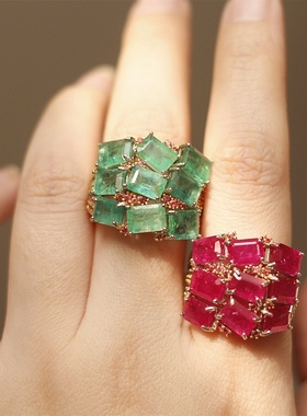 英国进口祖母绿红宝石925银戒指