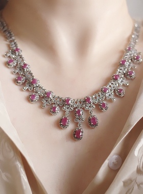 欧美天然红宝石925银中古项链