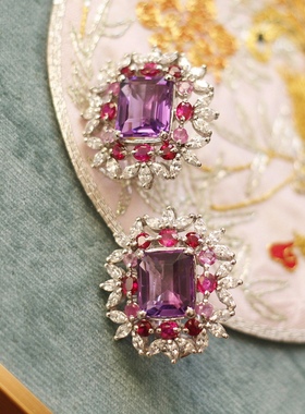 紫水晶红宝石莫桑钻宝石银耳钉