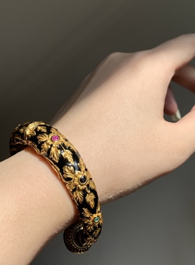 意大利进口回流银镀金珐琅蓝红宝石祖母绿开口手镯艺术家原创设计