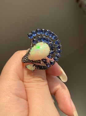 高品质蓝晶石欧泊925银戒指