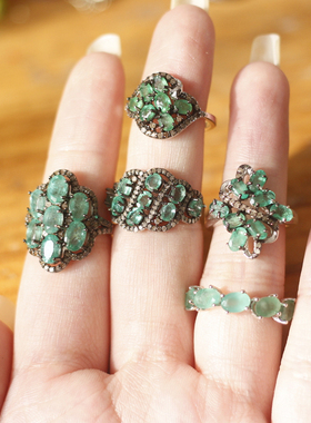 天然祖母绿银复古吊坠耳环戒指