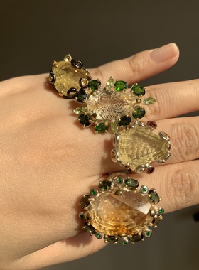 欧美进口中古风黄水晶透辉石戒指