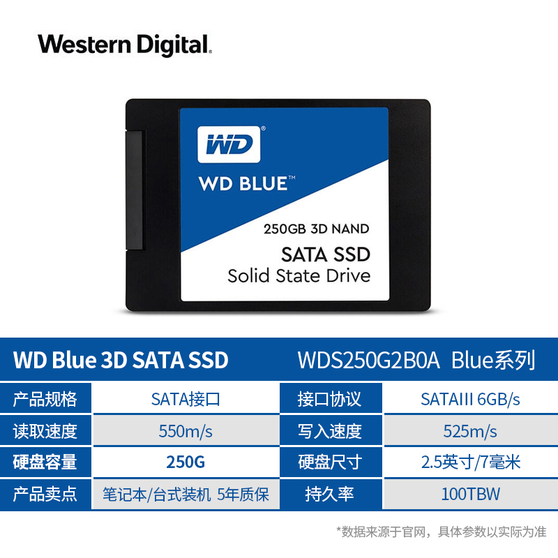 WD西部数据固态硬盘SATA250g 500g 1t2t 4tb西数蓝盘sa510台式ssd - 图1