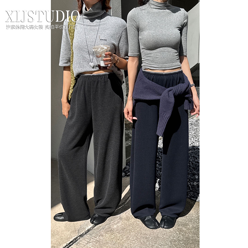 汐家女裤 秋冬新款松紧高腰毛呢窄版弯刀裤大码遮肉显高休闲长裤