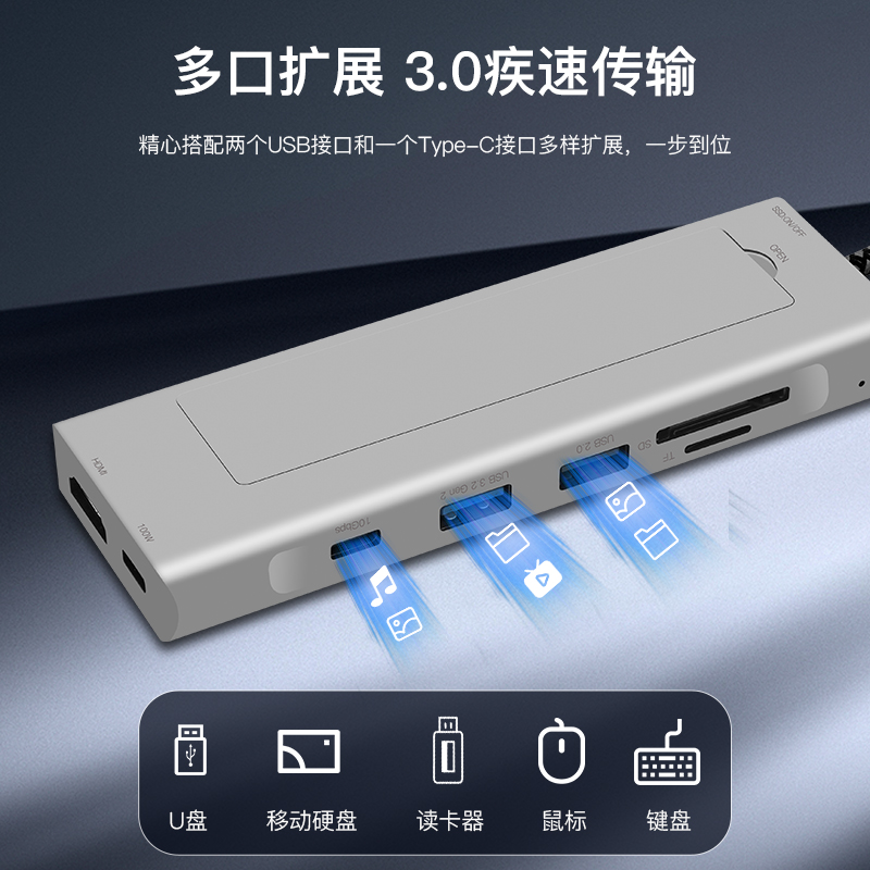 Fenvi Type-C扩展坞八合一USB-C转HDMI转接器拓展坞分线器兼容多品牌笔记本电脑Type-C八合一扩展坞 - 图1