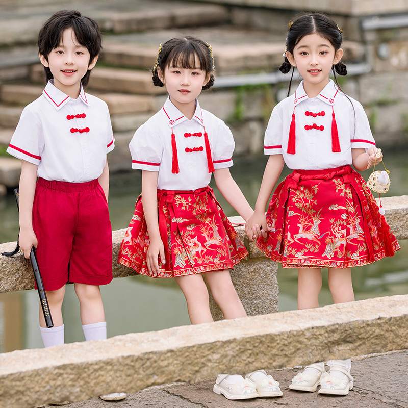 中小学生校服夏短袖儿童活力班服国风马面裙套装毕业服幼儿园园服