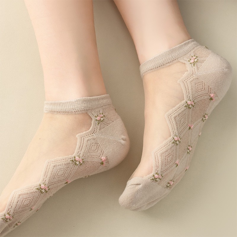 5双 精梳棉网眼透气袜子女春夏季薄款小花提花玻璃丝低帮卡丝船袜,淘宝优惠券,粉丝福利购,淘宝优惠卷