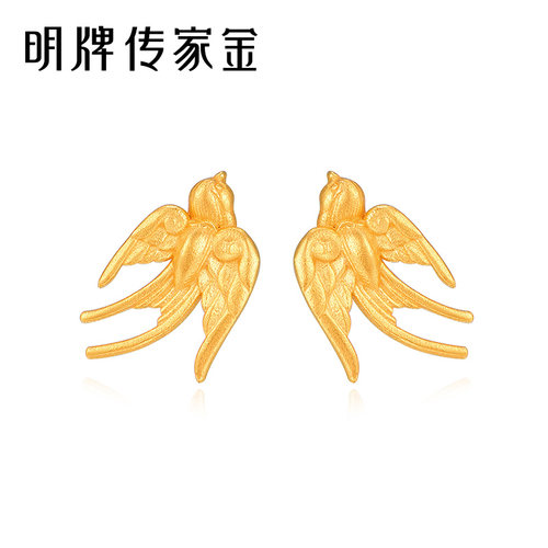 明牌珠宝古法黄金耳饰 平安喜庆云燕足金耳钉计价AFH0213 - 图0