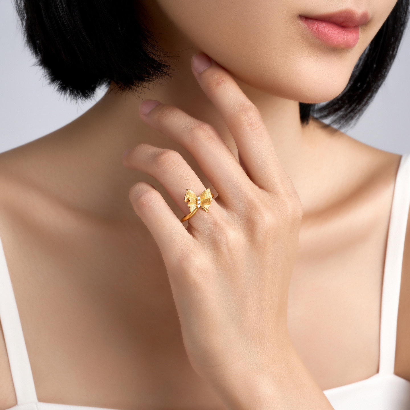 Ming brand jewelry butterfly dancing gold ring Pure gold zircon inlaid shining butterfly ring AFM0415