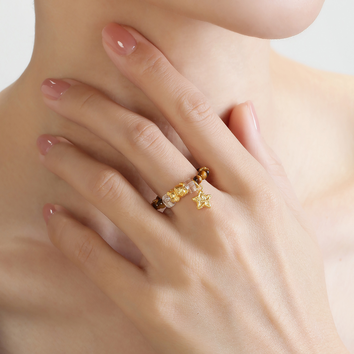 明牌珠宝星语古法黄金戒指 木变石水晶黄金小熊星星指环AFM0487 - 图3