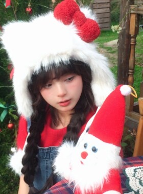 hellokitty毛绒帽子蝴蝶结可爱