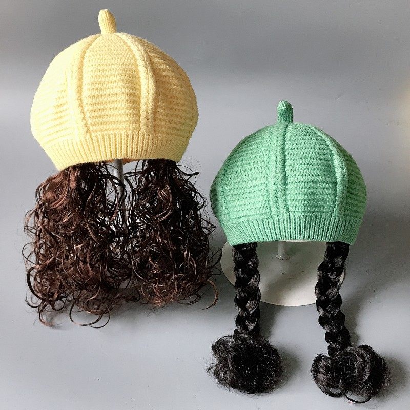 儿童帽子秋冬假发帽贝雷帽公主长发糖果色南瓜帽毛线帽保暖画家帽,淘宝优惠券,粉丝福利购,淘宝优惠卷