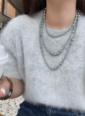 超长大小珍珠项链玻璃珠颈链