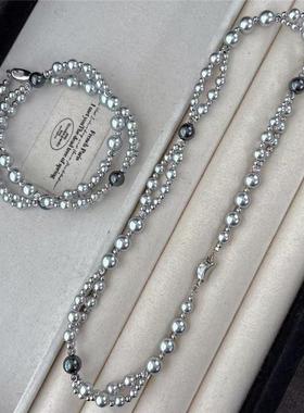 法式交叉双层银灰色珍珠项链