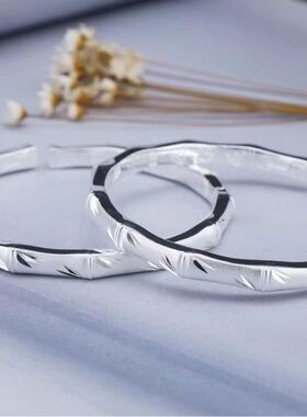 足银999纯银手镯女中国风竹节雕花年轻款实心开口足银镯子银饰