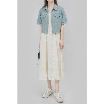 WAVY EGG wavy egg suspender dress suit women's loose and versatile retro denim jacket with short-sleeved jacket two-pieces