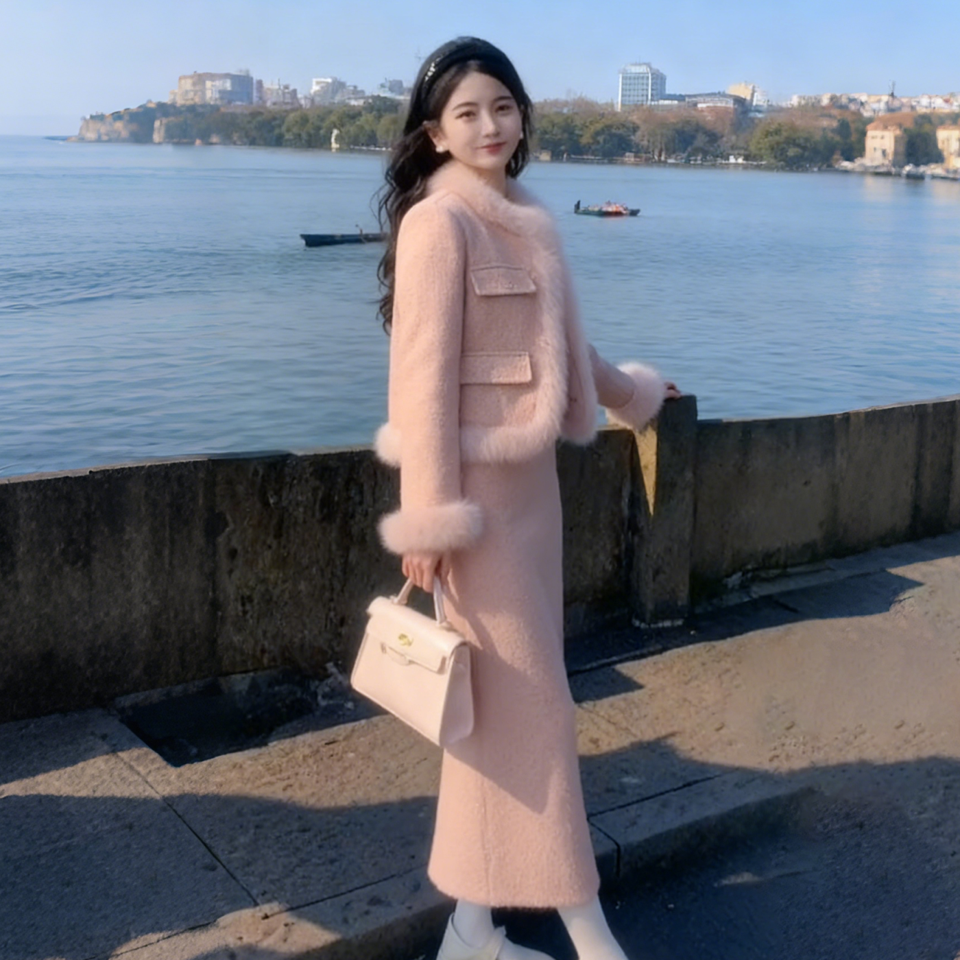 新款加厚保暖小香风套装女2025冬季兔毛拼接短款外套半身裙两件套,淘宝优惠券,粉丝福利购,淘宝优惠卷