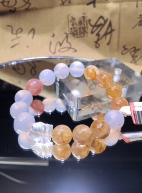 天然12咪水晶手链白水宝宝狐黄胶花招C蓝玉髓五福喜用土水手串