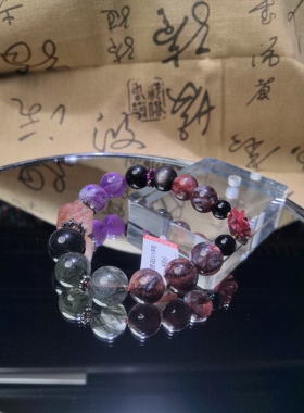 暗黑系水晶手串五福喜用火木银曜石紫金沙玫瑰红泥八棱招C转Y手链