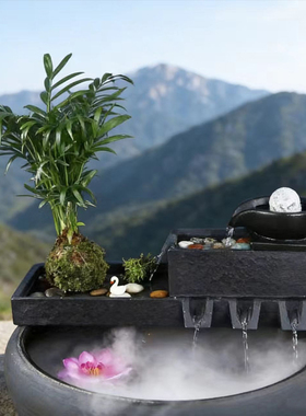 中式简约鱼缸鱼池造景景观水循环流水天然石头流水过滤器装饰摆件