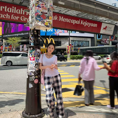 sunn21 美式复古格子裤女早春新款低腰显瘦设计感抽绳直筒阔腿裤 - 图1