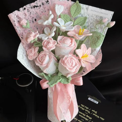 手工编织diy材料包蔷薇花混搭玫瑰自制毛线钩织礼物花成品送女友 - 图2