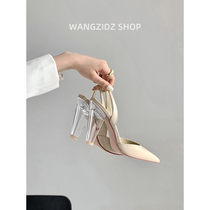 Crystal coarse heel Baotou sandal women 2023 Summer new pointed shoes high heel-lined cingulum Temperament Genuine Leather