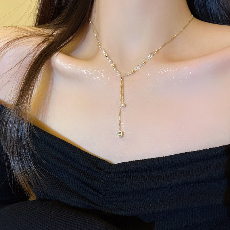 SJP时尚18K金色钛钢爱心珍珠流苏水晶项链高级气质锁骨链N8353 - 图0