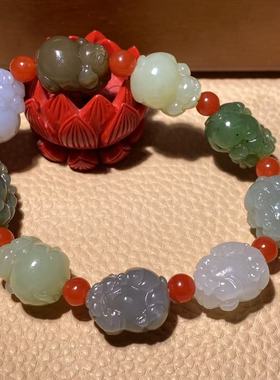 天然新疆和田玉碧玉白玉纯手工雕刻多宝手链招财生肖元宝猪手串