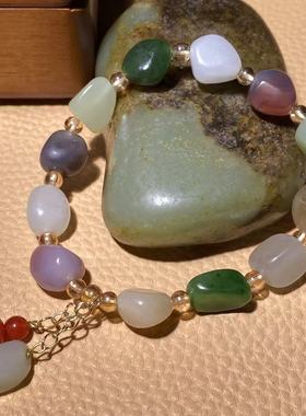 天然新疆和田玉白玉俄罗斯碧玉紫绿玛瑙随型仿原石籽料手链手串女