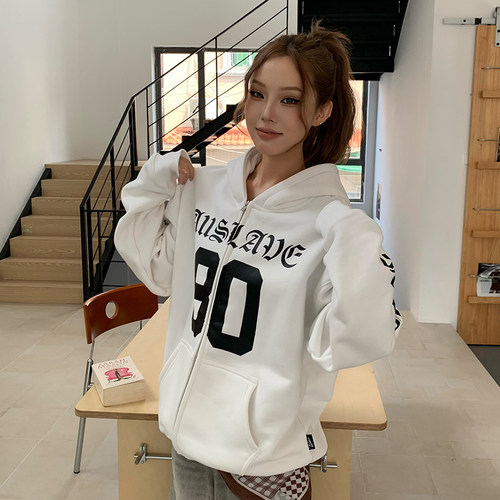 A11SLAVE美式复古梵文印花秋冬季拉帽卫衣宽松拉链开衫情侣款外套 - 图1