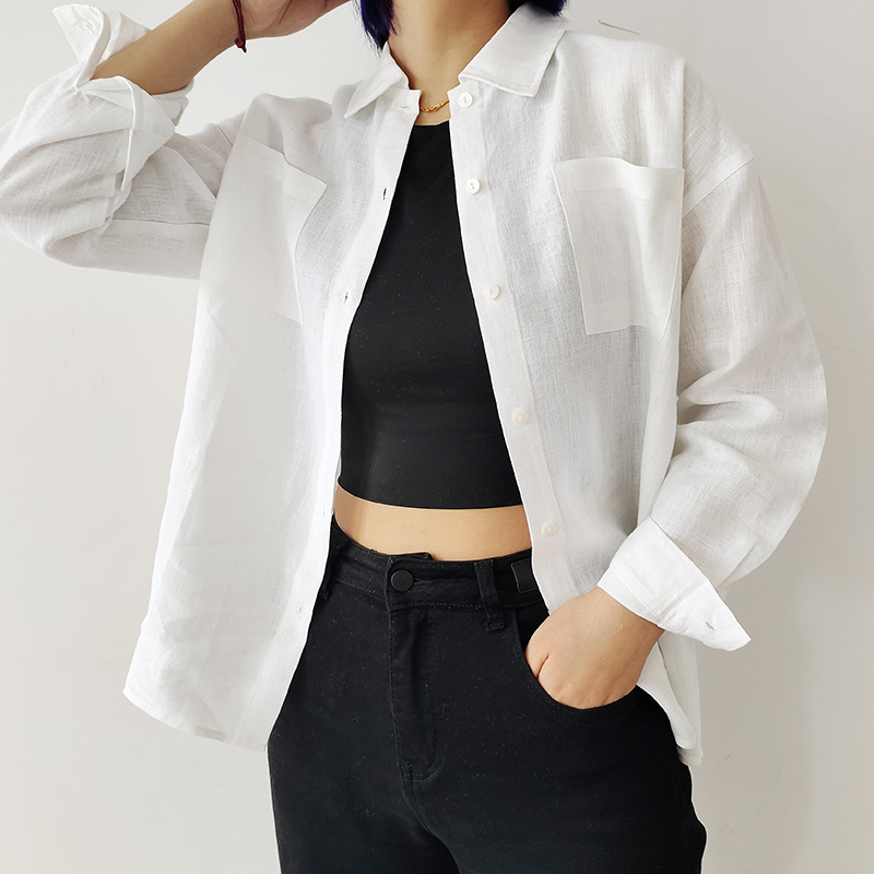 法式汉麻白色Polo领长袖衬衫简约设计感纯色春季可防晒