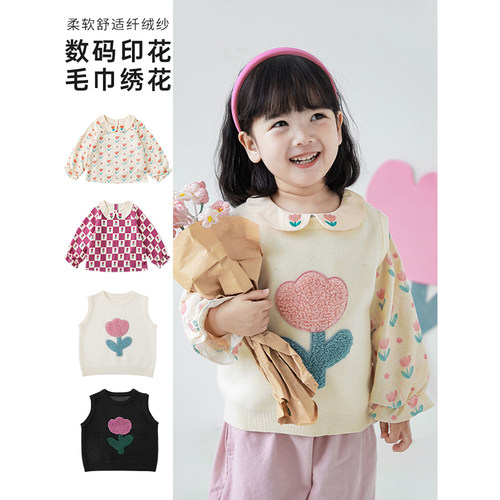 幼悠女童秋冬毛衣背心数码印花精巧刺绣宝宝可爱宽松娃娃领衬衣潮 - 图0