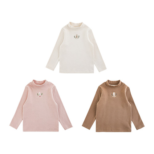 幼悠 女童花花小兔绣花半高领打底衫冬季童趣可爱软糯回弹休闲T恤 - 图3