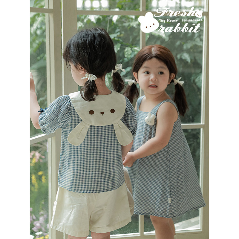 幼悠女童吊带裙2025夏季新款格子娃娃衫宝宝小清新风可爱小兔短裤,淘宝优惠券,粉丝福利购,淘宝优惠卷