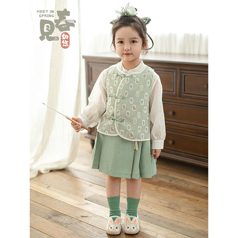 幼悠女童浪漫玫瑰谷系列中式立领衬衫娇俏可爱撞色包边马甲多件套,淘宝优惠券,粉丝福利购,淘宝优惠卷