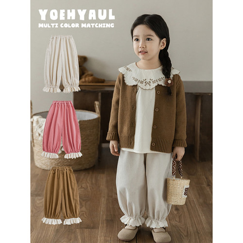 幼悠女童棉布绣花拼接脚口梭织长裤2026春秋甜蜜可爱宽松休闲裤子 - 图0