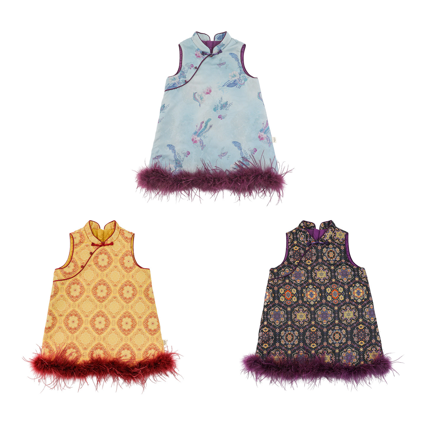 幼悠女童2025冬季新款中式花鸟保暖旗袍裙时尚古典优雅夹棉过年服,淘宝优惠券,粉丝福利购,淘宝优惠卷