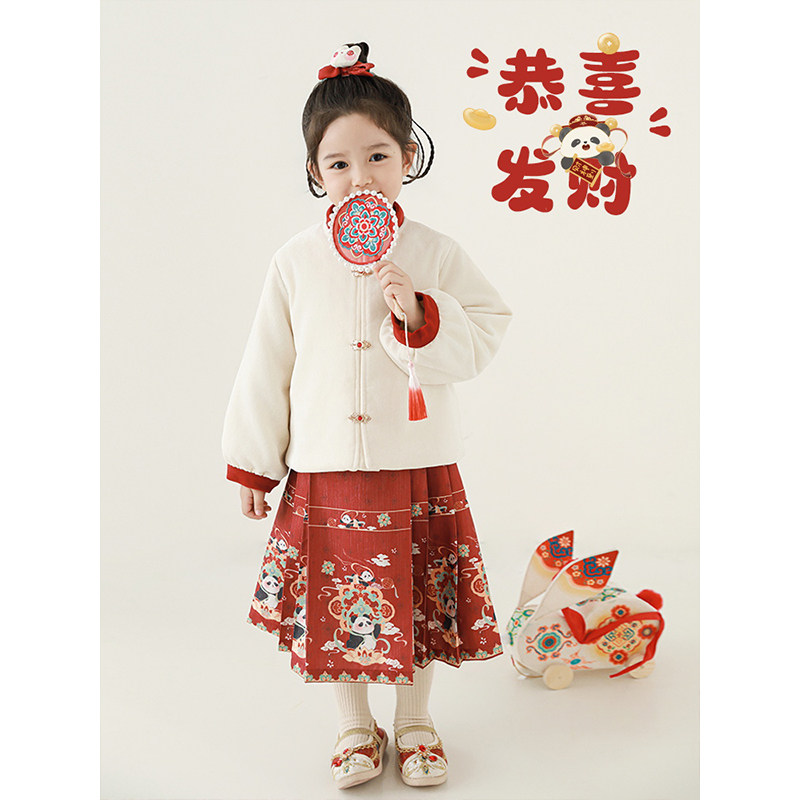 幼悠女童熊猫年服系列冬季新中式立领棉服加绒加厚保暖马甲多件套,淘宝优惠券,粉丝福利购,淘宝优惠卷