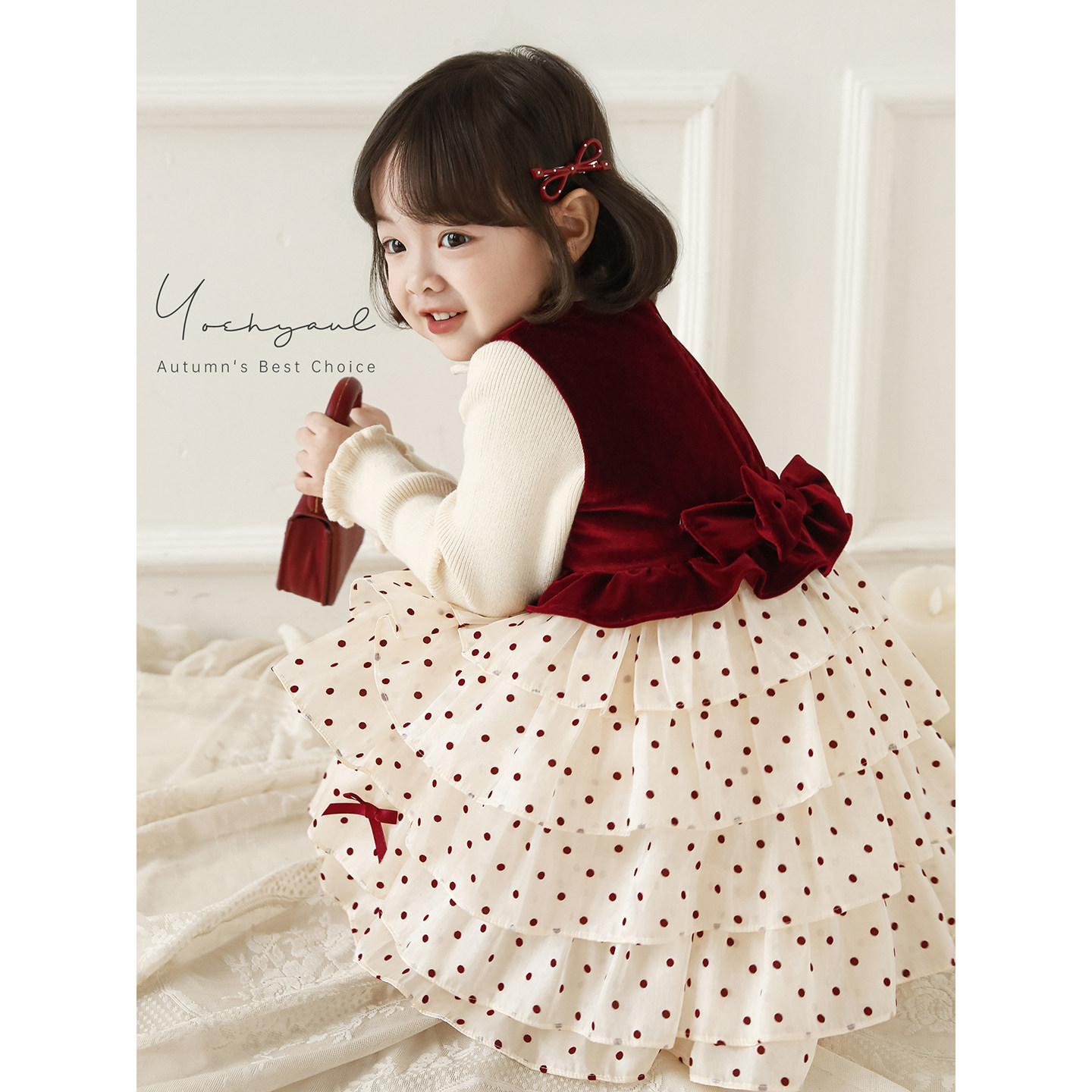 幼悠女童2025冬季新款复古保暖波点蛋糕裙内里夹棉儿童公主裙年服,淘宝优惠券,粉丝福利购,淘宝优惠卷