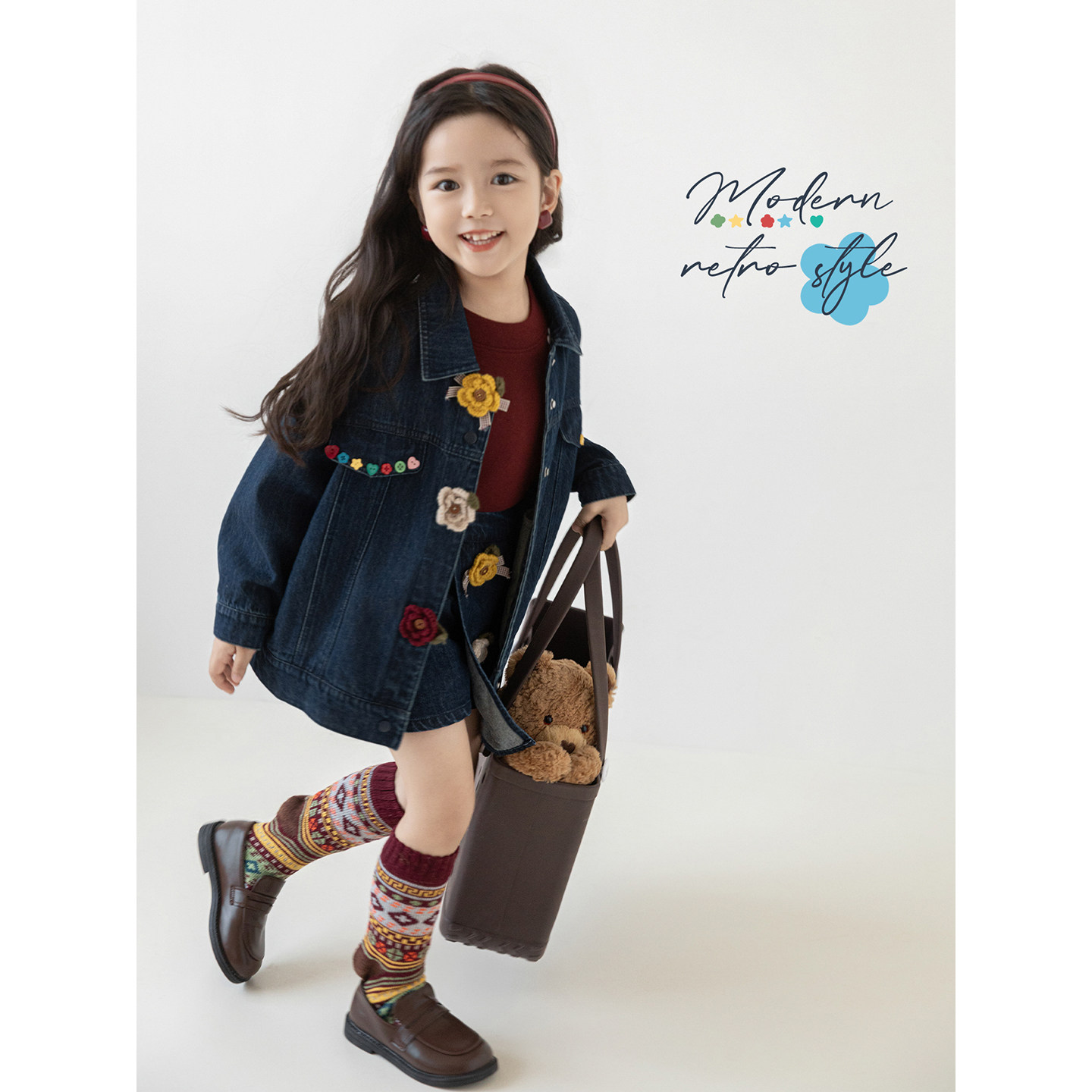 幼悠女童摩登复古风牛仔套装2025秋季甜美俏皮牛仔外套假两件裙裤,淘宝优惠券,粉丝福利购,淘宝优惠卷