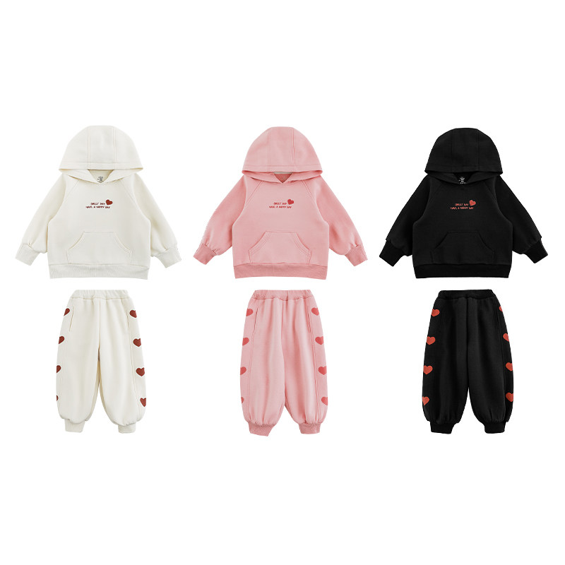 幼悠女童纯色爱心运动套装2025春秋防风休闲连帽卫衣卫裤两件套潮,淘宝优惠券,粉丝福利购,淘宝优惠卷
