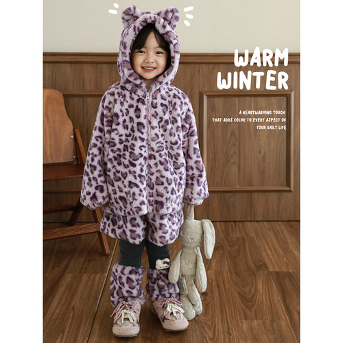 幼悠女童冬季套装加绒加厚紫色豹纹毛绒外套休闲裤子保暖堆堆袜套 - 图2