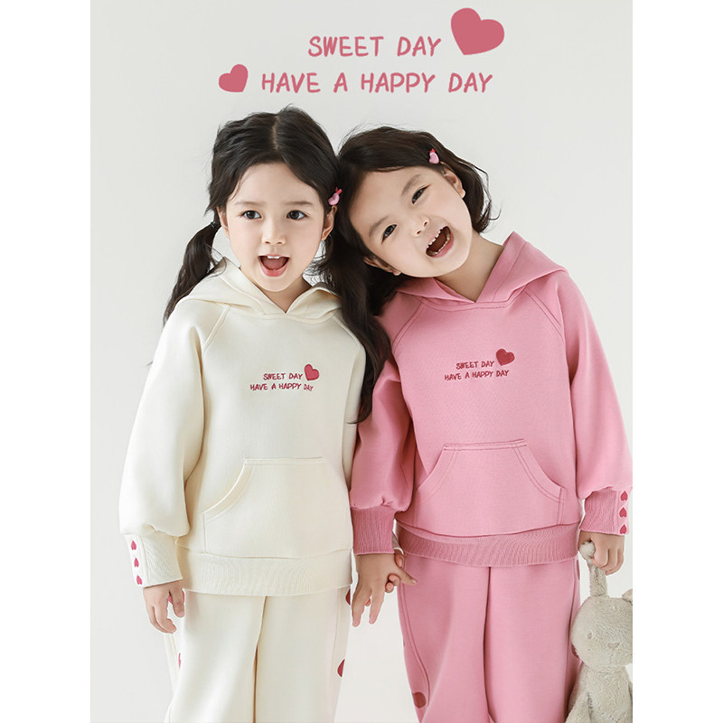 幼悠女童纯色爱心运动套装2025春秋防风休闲连帽卫衣卫裤两件套潮,淘宝优惠券,粉丝福利购,淘宝优惠卷
