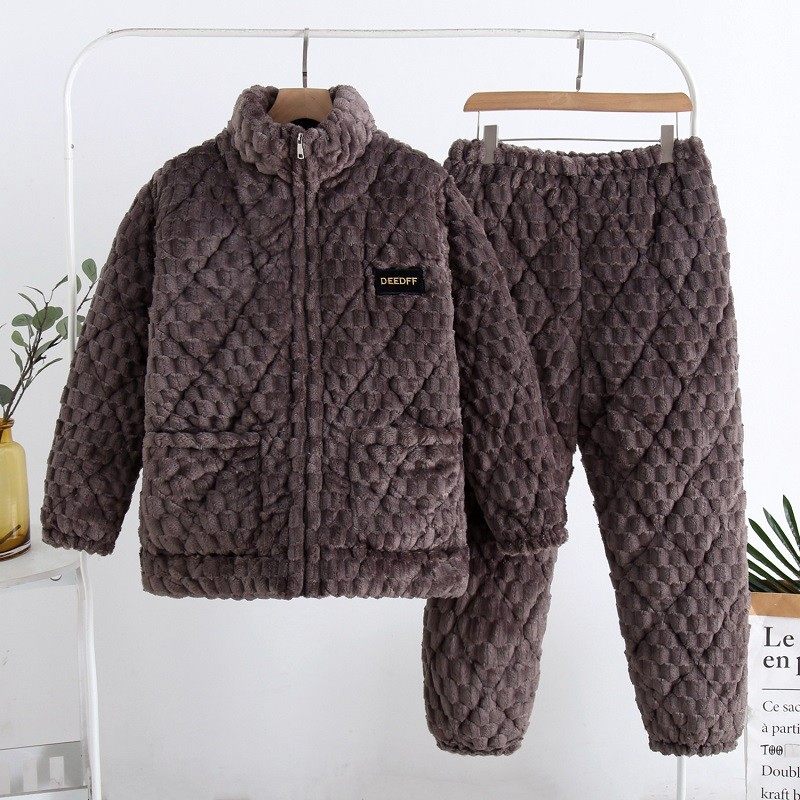 睡衣男冬加厚保暖拉链三层夹棉珊瑚绒大码外穿家居服套装立领纯色,淘宝优惠券,粉丝福利购,淘宝优惠卷