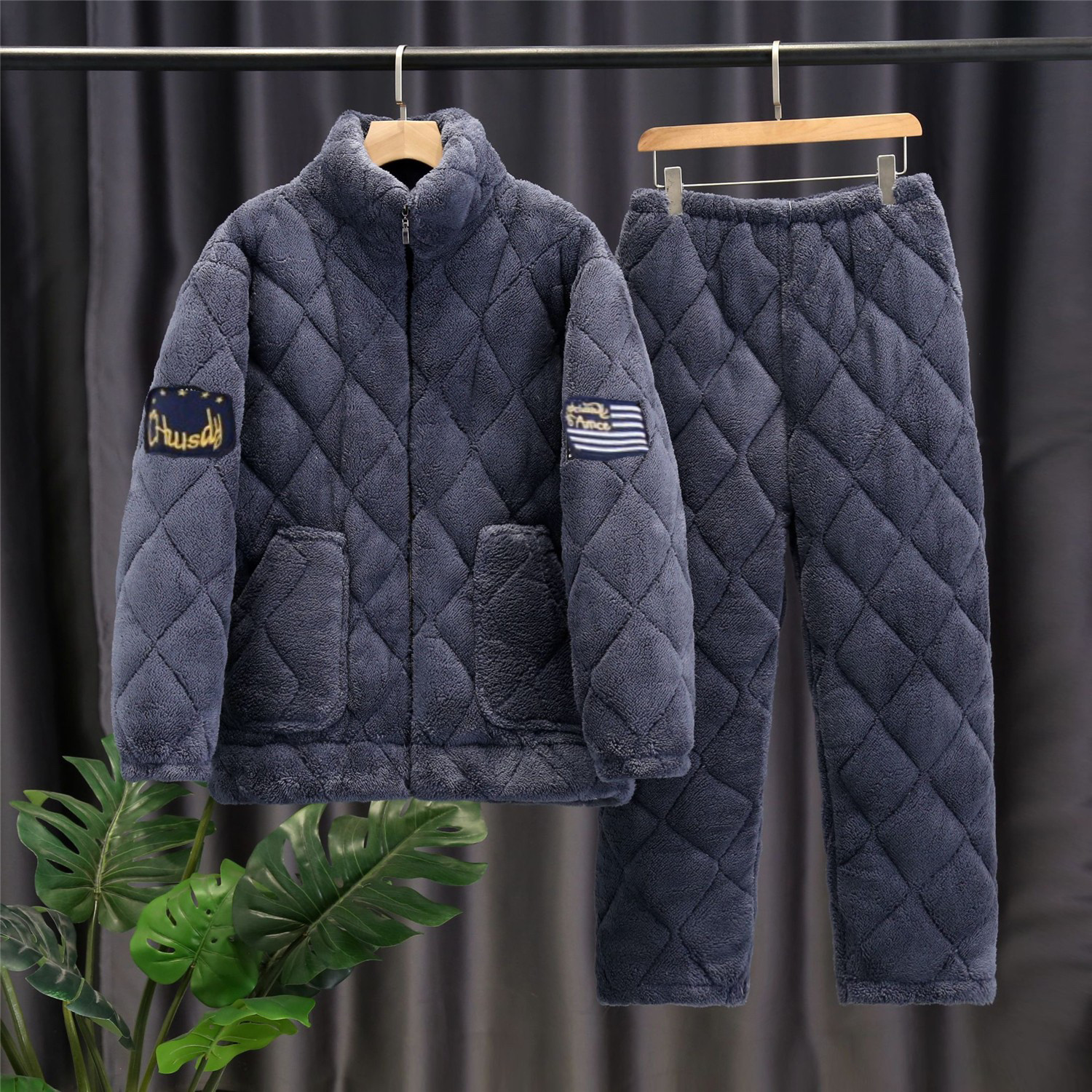 冬季男士三层加厚珊瑚绒夹棉睡衣加绒中老年棉袄法兰绒家居服套装,淘宝优惠券,粉丝福利购,淘宝优惠卷