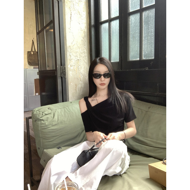 Miss 77 Angry Lesser Fashionable Lazy Sloped Shoulder T Relaxed Casual Slim Short Sleeve Cool T-Shirt Top