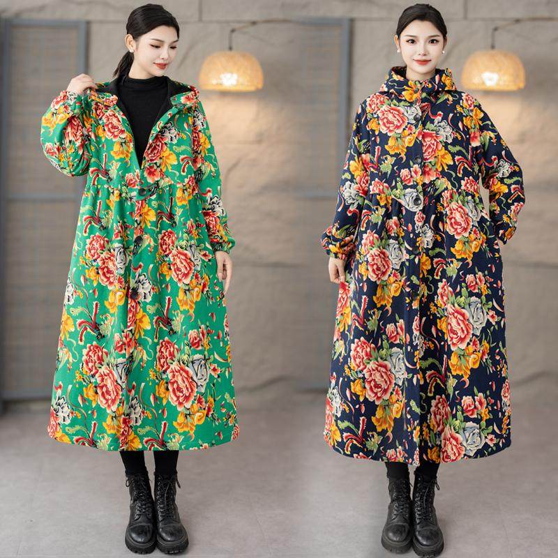 东北大花加绒新款棉麻印花民族风长款复古风衣大码秋冬装连帽外套,淘宝优惠券,粉丝福利购,淘宝优惠卷